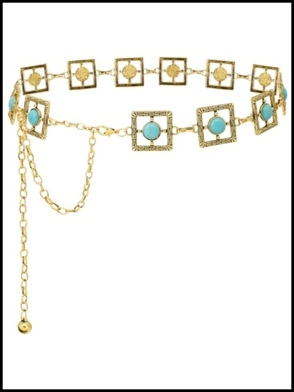 Metal Waist Chain Belt Turquoise Square Link Belt for Dress Western Cowgirl